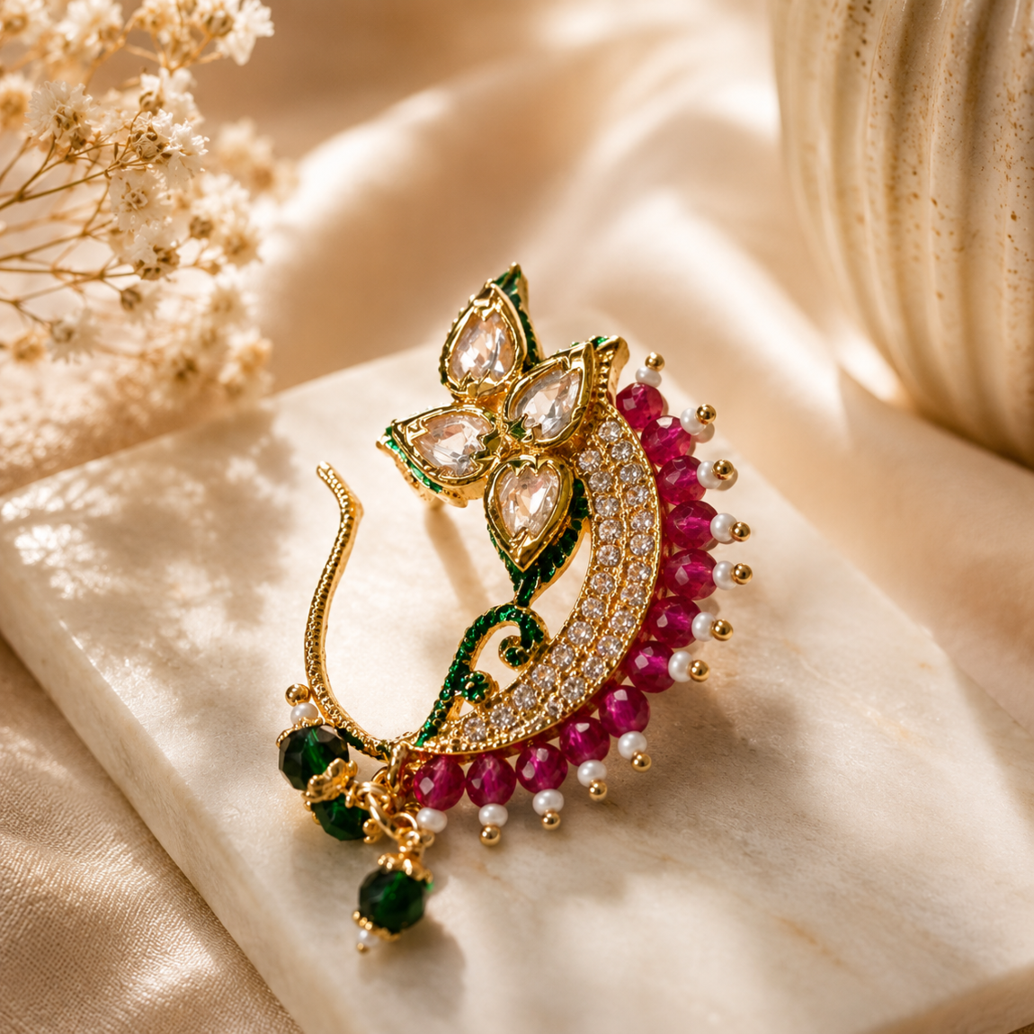 Premium Pink & Green Pearl Kundan Nath (Nose ring)