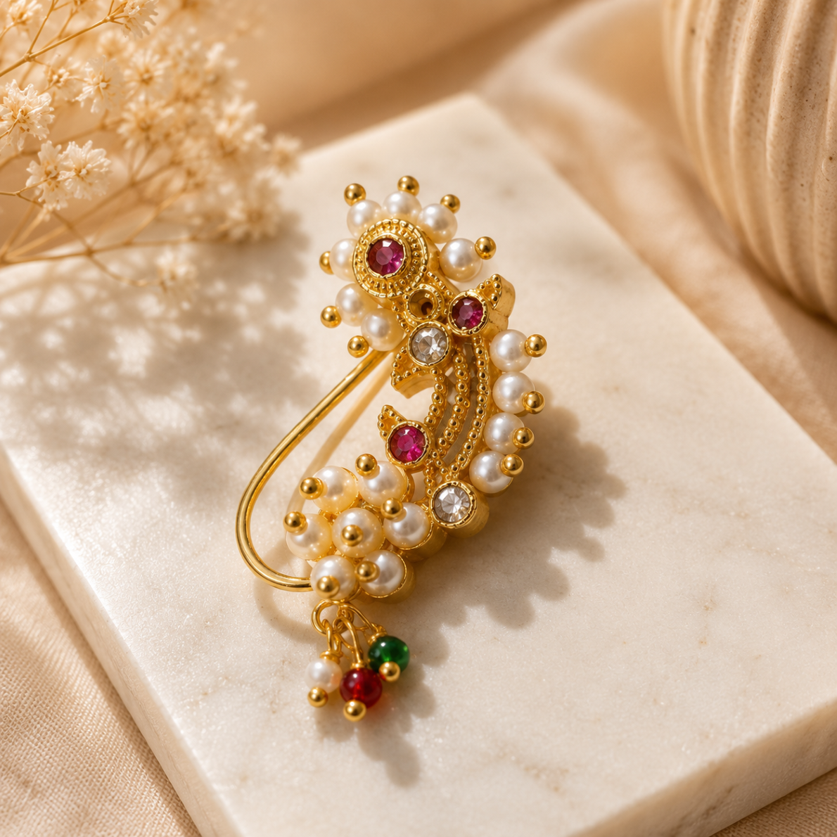 Premium Pink & Green Pearl Kundan Nath (Nose ring)