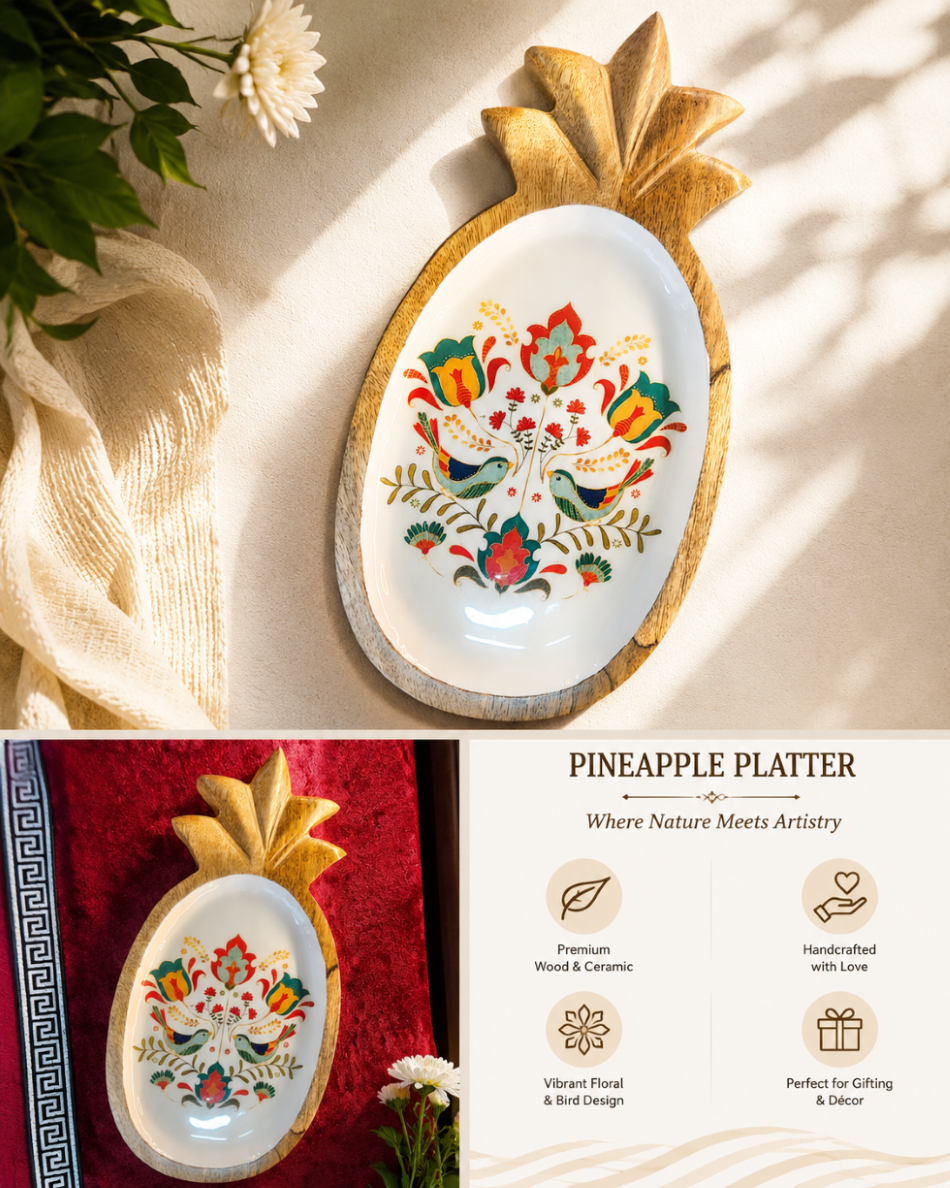 Handcrafted Pineapple Mango Wood Platter with Songbird Motif