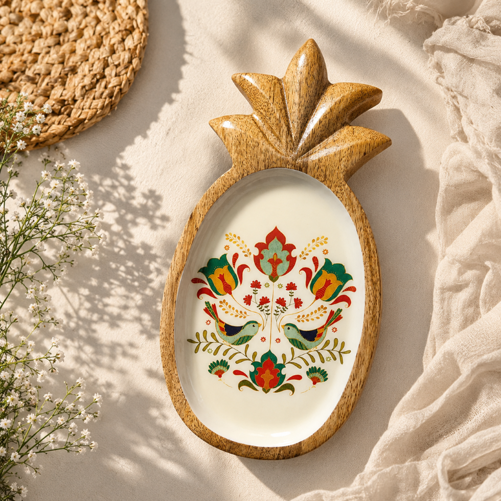 Handcrafted Pineapple Mango Wood Platter with Songbird Motif