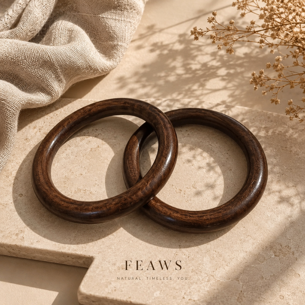 Handcrafted Circular Walnut Color Wooden Bangle Bracelet-Set of 2 pcs