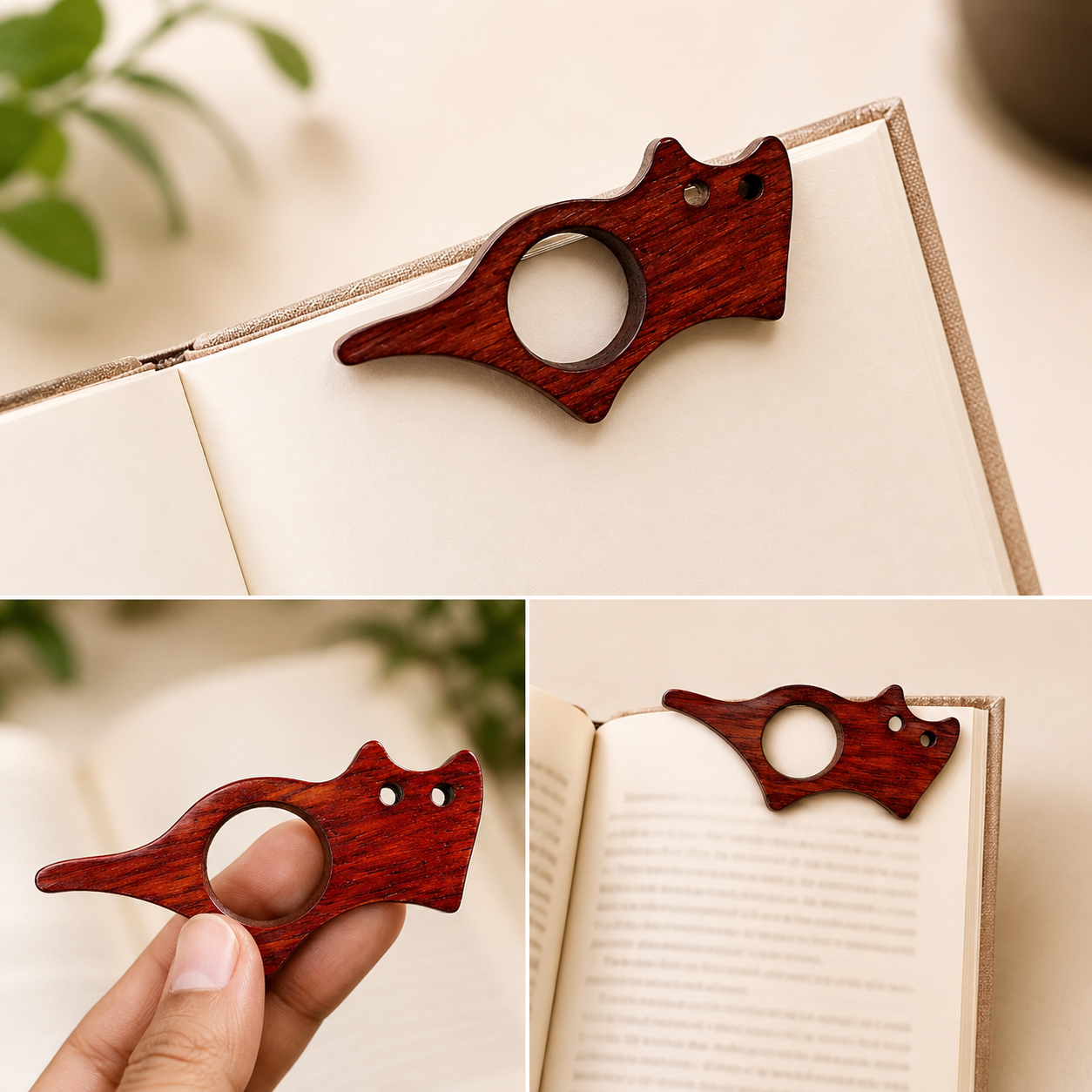 Wooden Cat Reading Bookmark Ring Page Holder