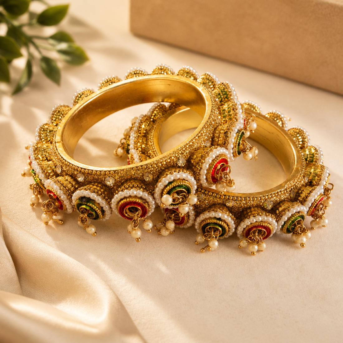 FEAWS Multicolor Handcrafted Bangles Set of 2 pcs - Vibrant Ethnic Boho Design for Festive Weddings & Parties