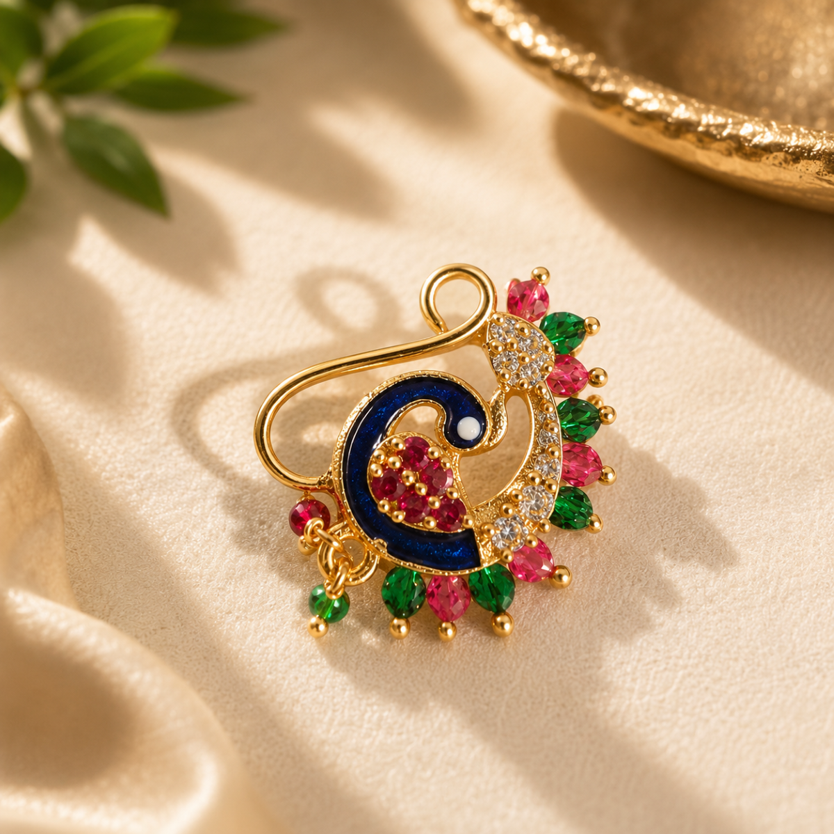 FEAWS Peacock Nath Nose Ring with Pearls - Elegant Jewelry for Special Occasions