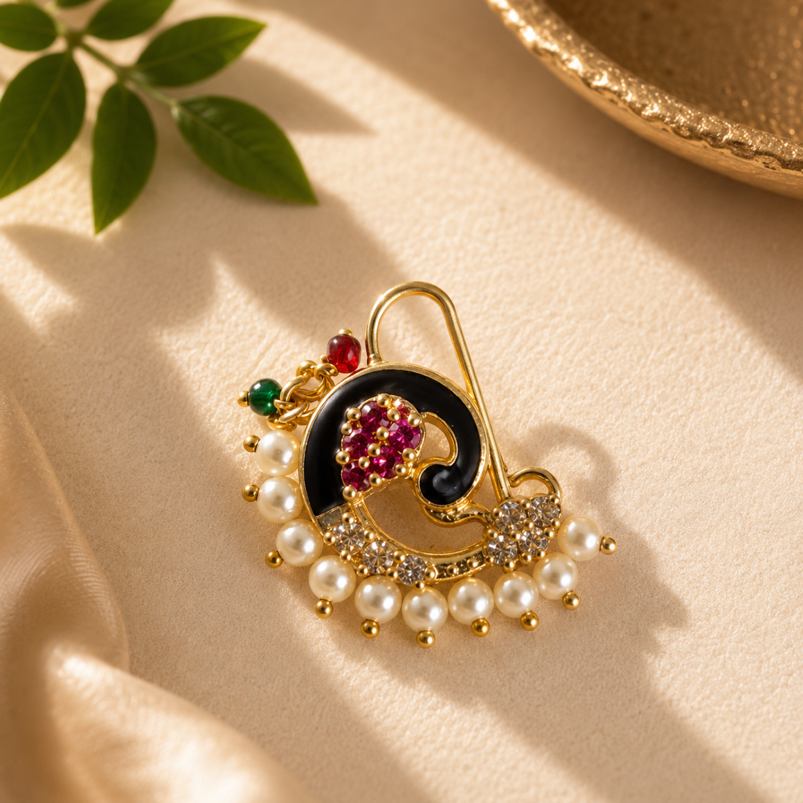FEAWS Peacock Nath Nose Ring with Pearls - Elegant Jewelry for Special Occasions