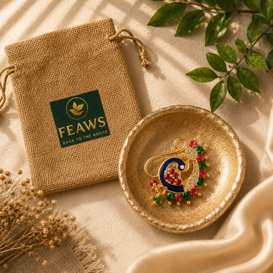 FEAWS Peacock Nath Nose Ring with Pearls - Elegant Jewelry for Special Occasions