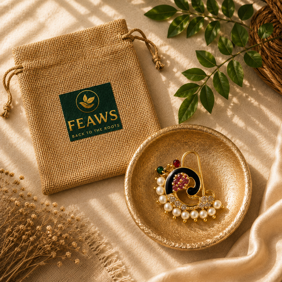 FEAWS Peacock Nath Nose Ring with Pearls - Elegant Jewelry for Special Occasions