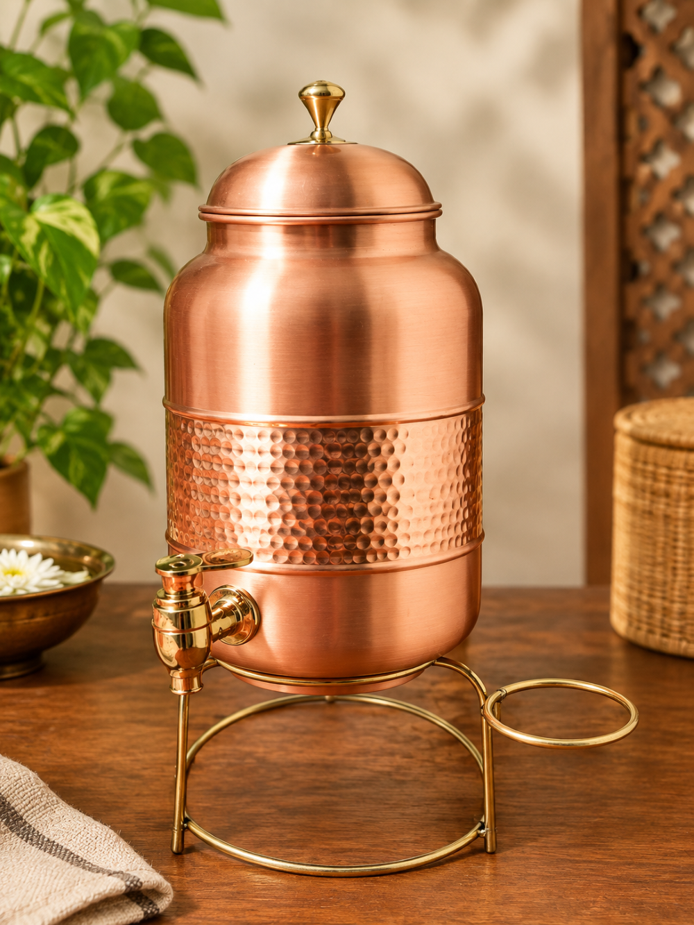 Pure Copper Hand Hammered Water Pitcher/dispensor with tap, & golden stand – 5 Litre
