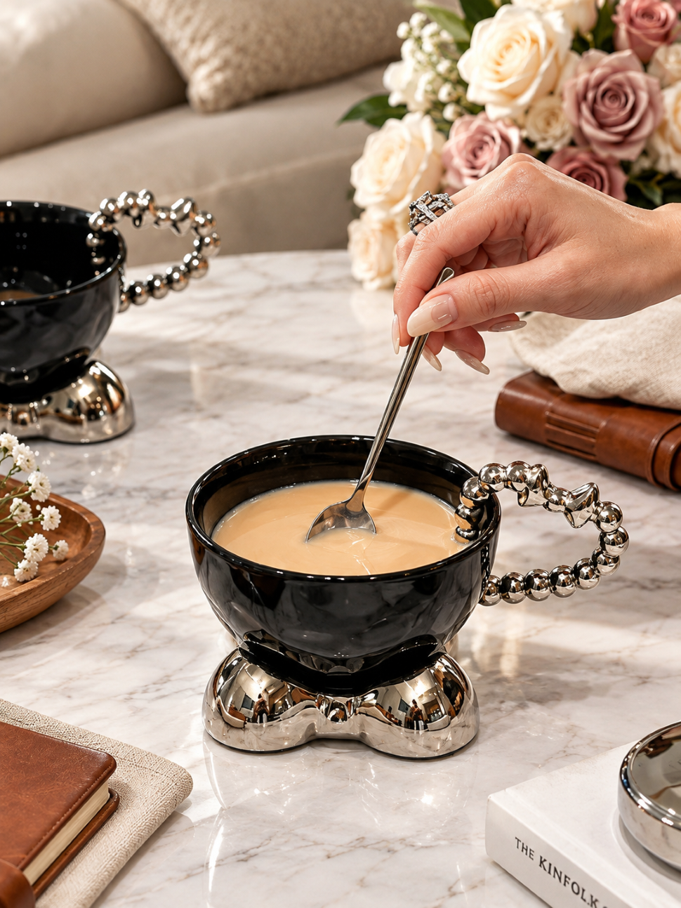 Luxury European Beaded Coffee Cup & Saucer Set