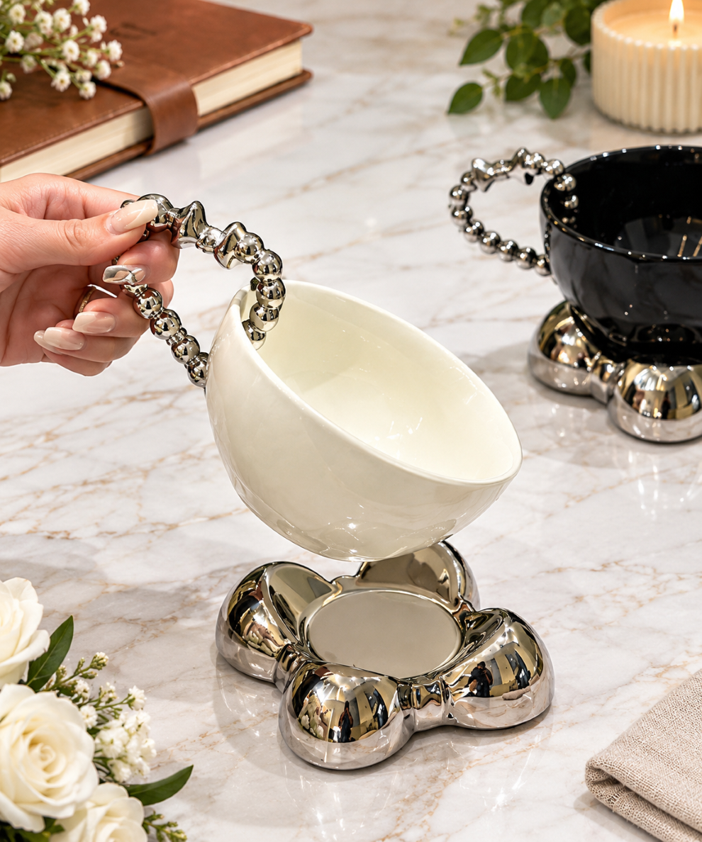 Luxury European Beaded Coffee Cup & Saucer Set