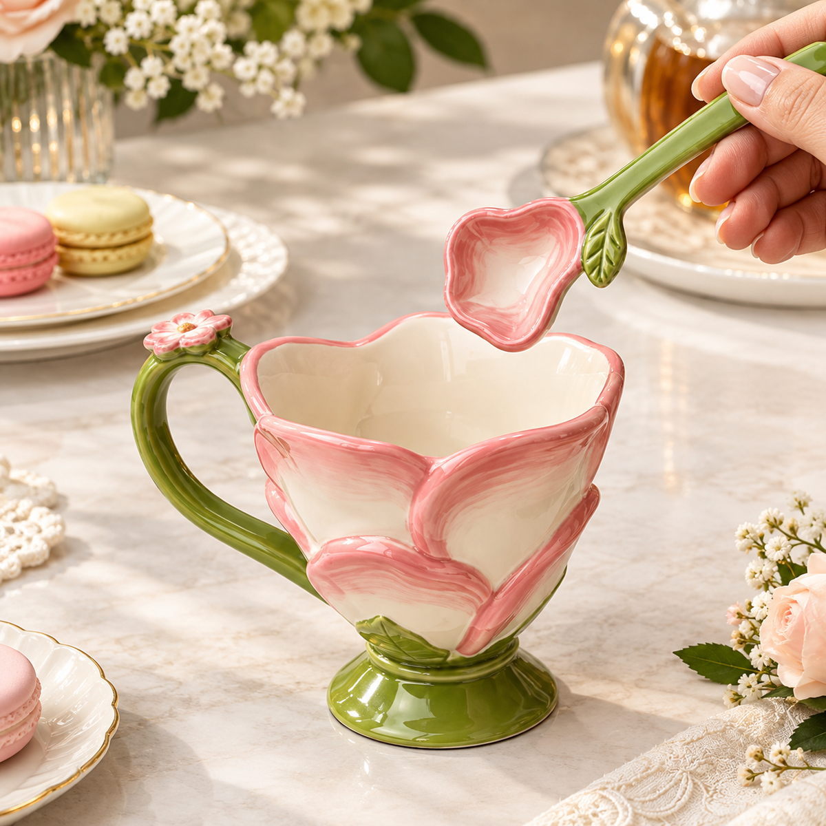 Stylish Lotus Ceramic Mug with spoon