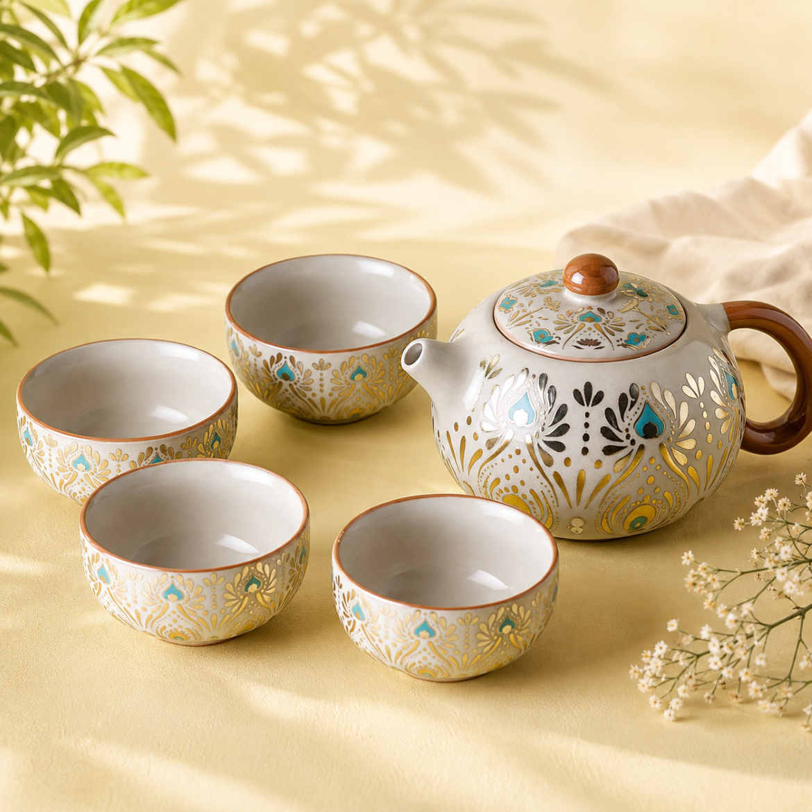 Premium Ceramic Tea Kettle Set with 4 Cups & Leather Carry Bag