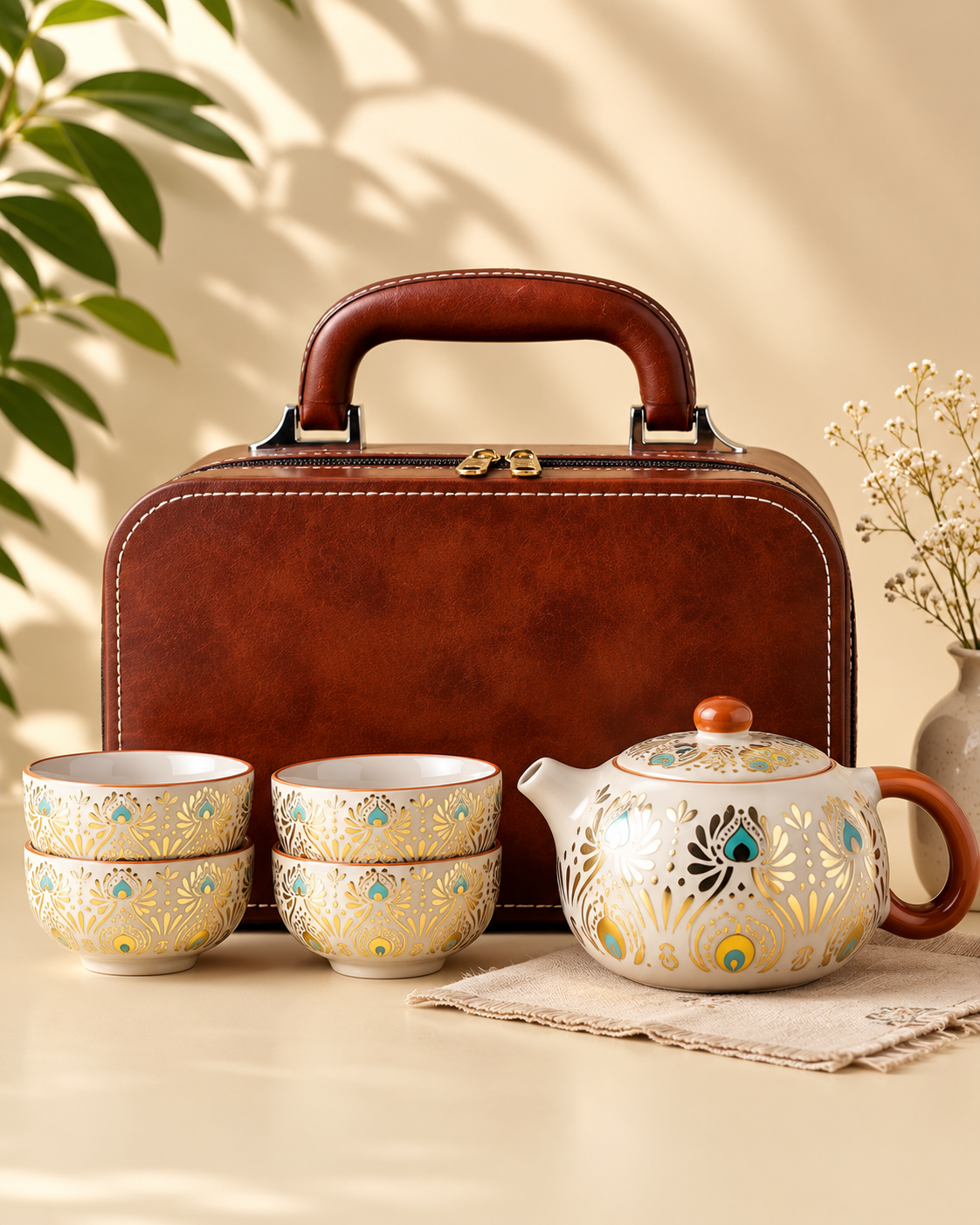 Premium Ceramic Tea Kettle Set with 4 Cups & Leather Carry Bag