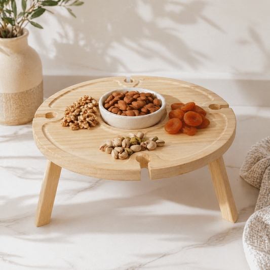 Wooden Folding Picnic Table – Round 2-in-1 Desk & Wine Glass Rack