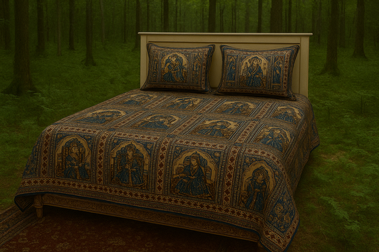 Regal Rhythms Handblock Printed Bedsheet with Cultural Dancers & Kings Motifs with 2 Pcs of Pillow Covers
