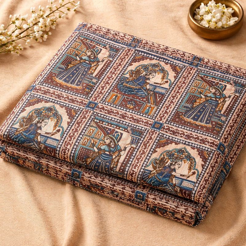 Regal Rhythms Handblock Printed Bedsheet with Cultural Dancers & Kings Motifs with 2 Pcs of Pillow Covers