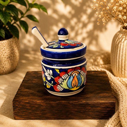 Hand-Painted Ceramic Condiment Jars With Lid & Matching Spoon