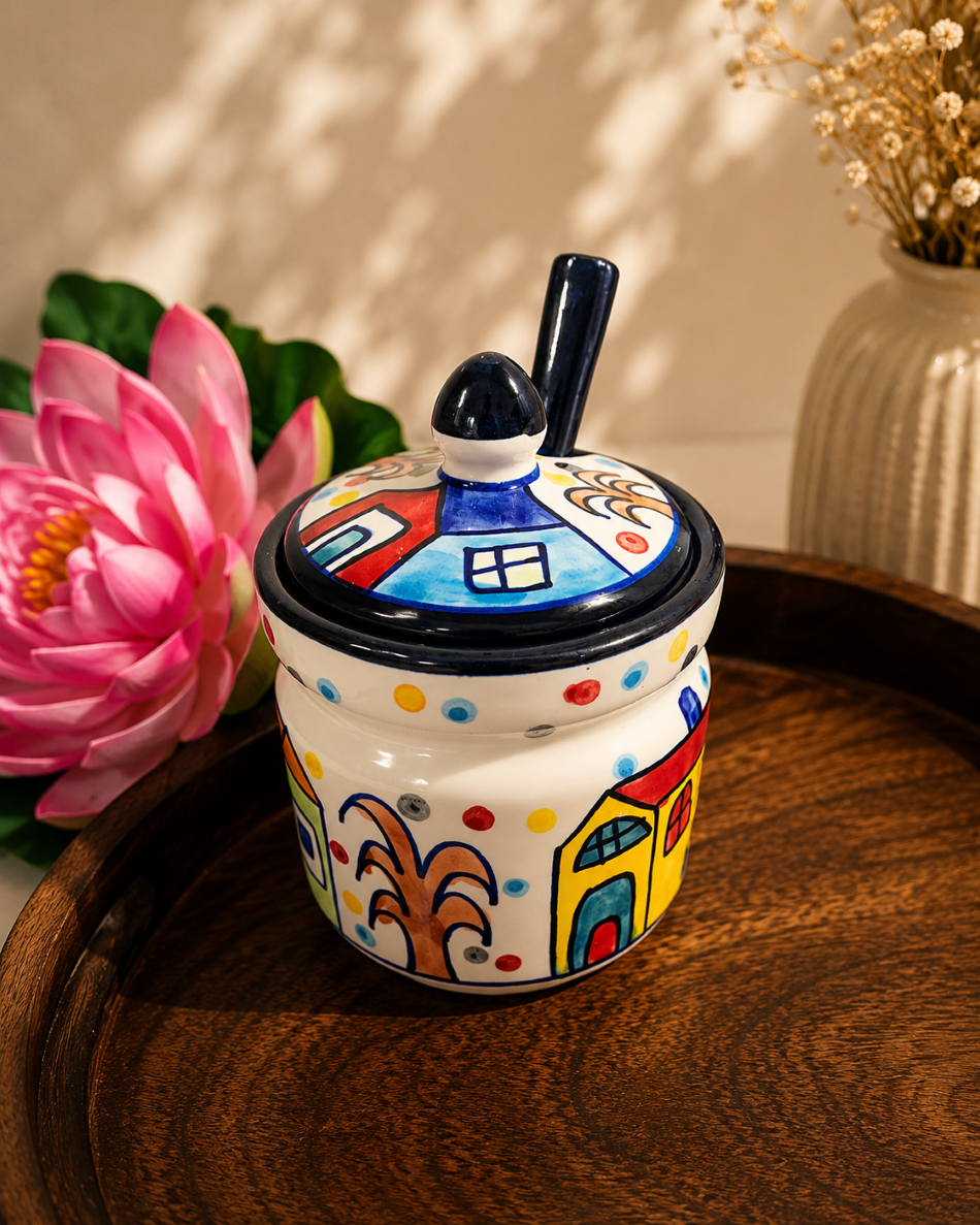Hand-Painted Ceramic Condiment Jars With Lid & Matching Spoon