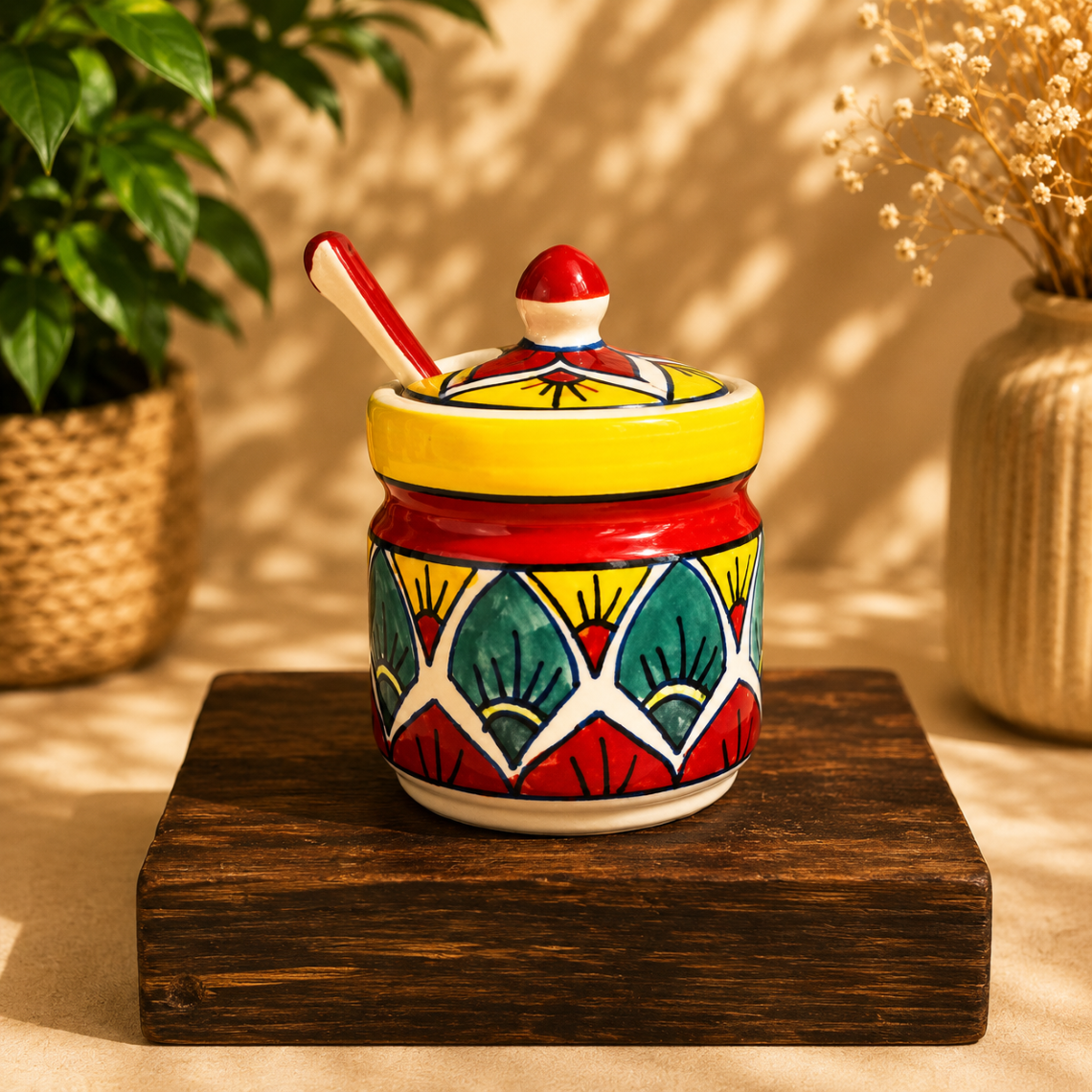 Hand-Painted Ceramic Condiment Jars With Lid & Matching Spoon