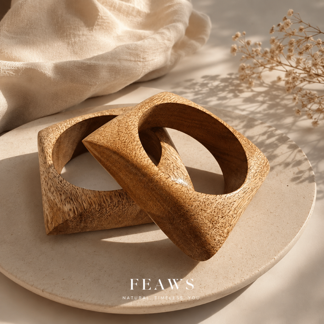 Handcrafted Rectangular Wooden Bangle Bracelet-Set of 2 pcs