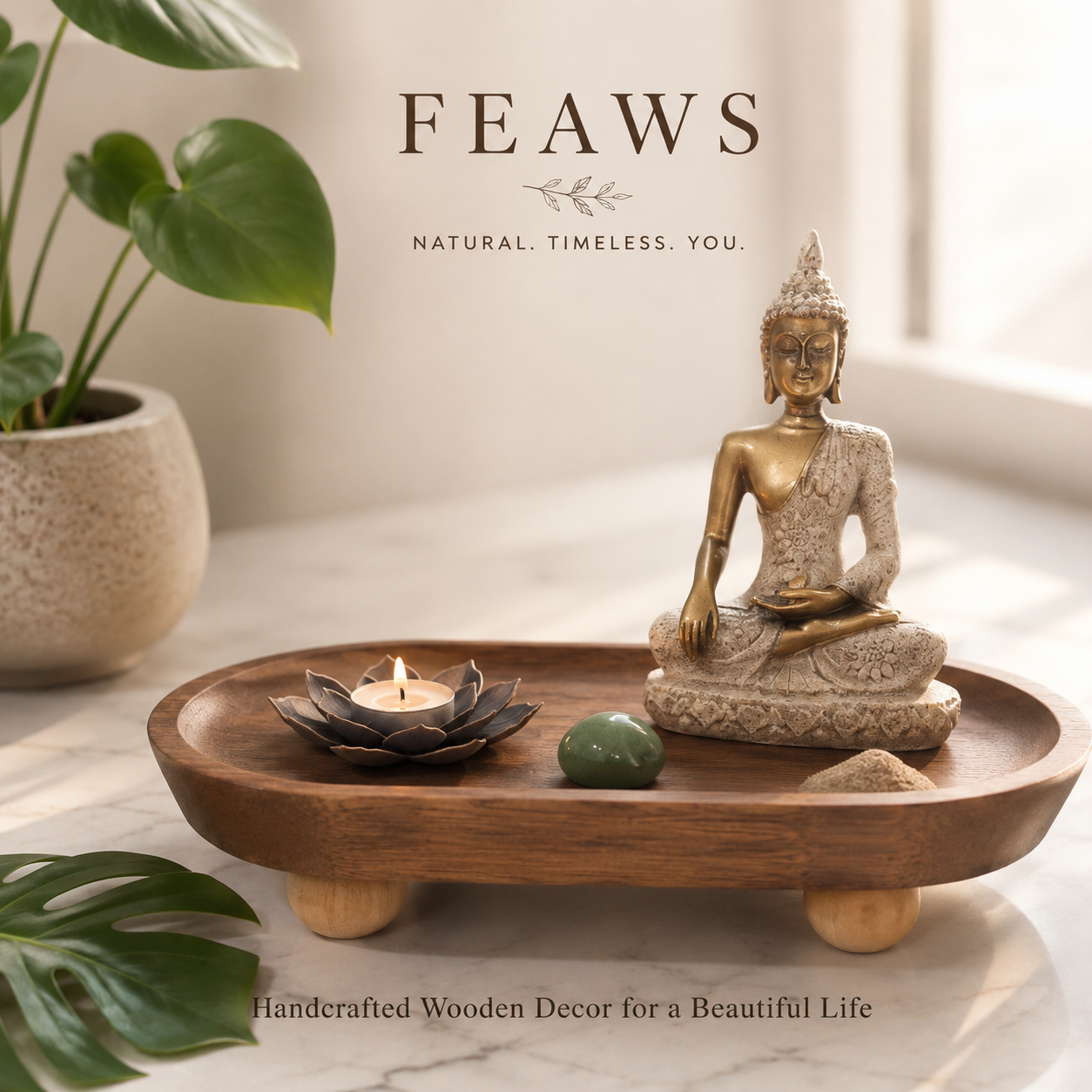 Wooden Meditation Incense Tray with Golden Buddha and Lotus bloom