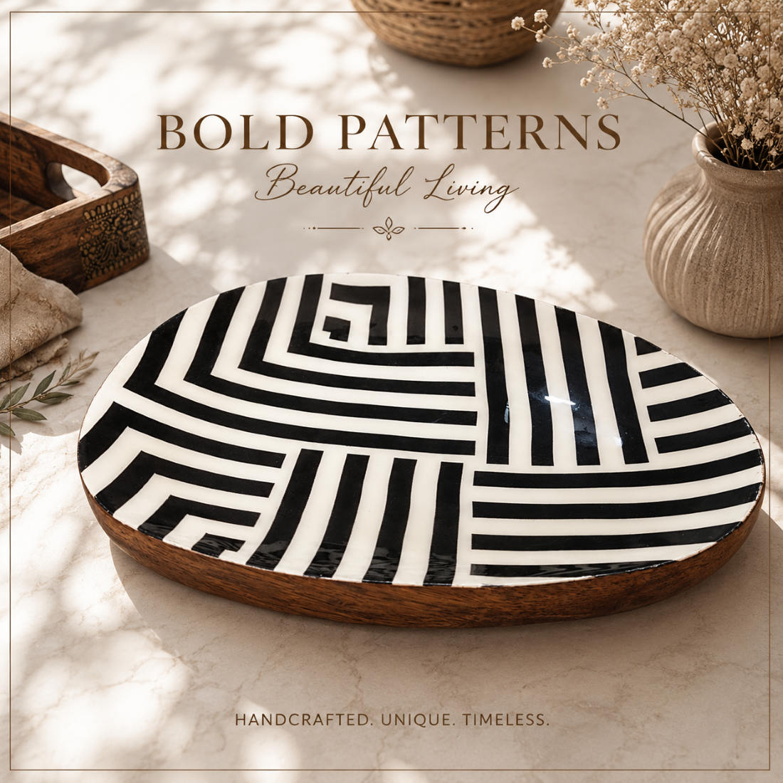 Meraki Black & White Elegance Mangowood Platter