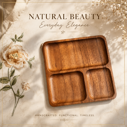 Square Walnut Wood 3-Compartment snacks serving Tray