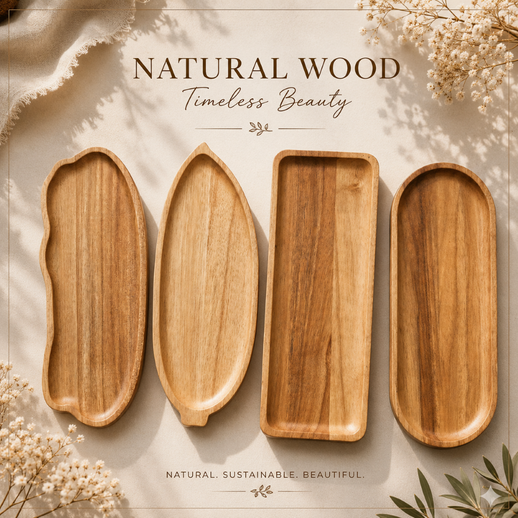 Set of 4 pieces of Eco-friendly Acacia Wood Leaf/cloud/rectangular/oval Shaped Wooden Tray