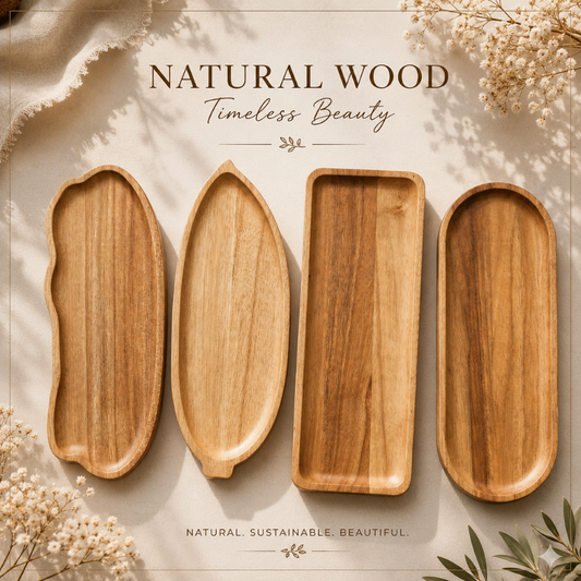 Set of 4 pieces of Eco-friendly Acacia Wood Leaf/cloud/rectangular/oval Shaped Wooden Tray