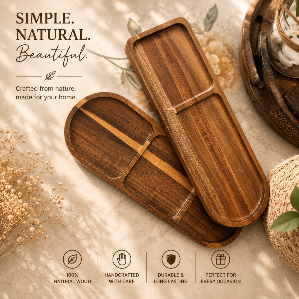 High Quality Acacia Wooded Oval Divided Snack Fruit Serving Tray