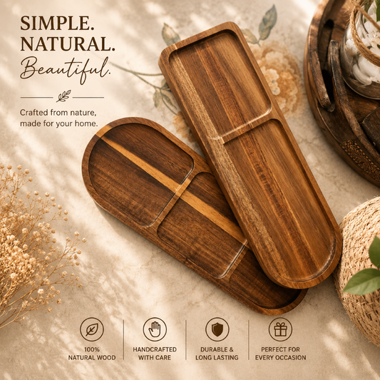 High Quality Acacia Wooded Oval Divided Snack Fruit Serving Tray