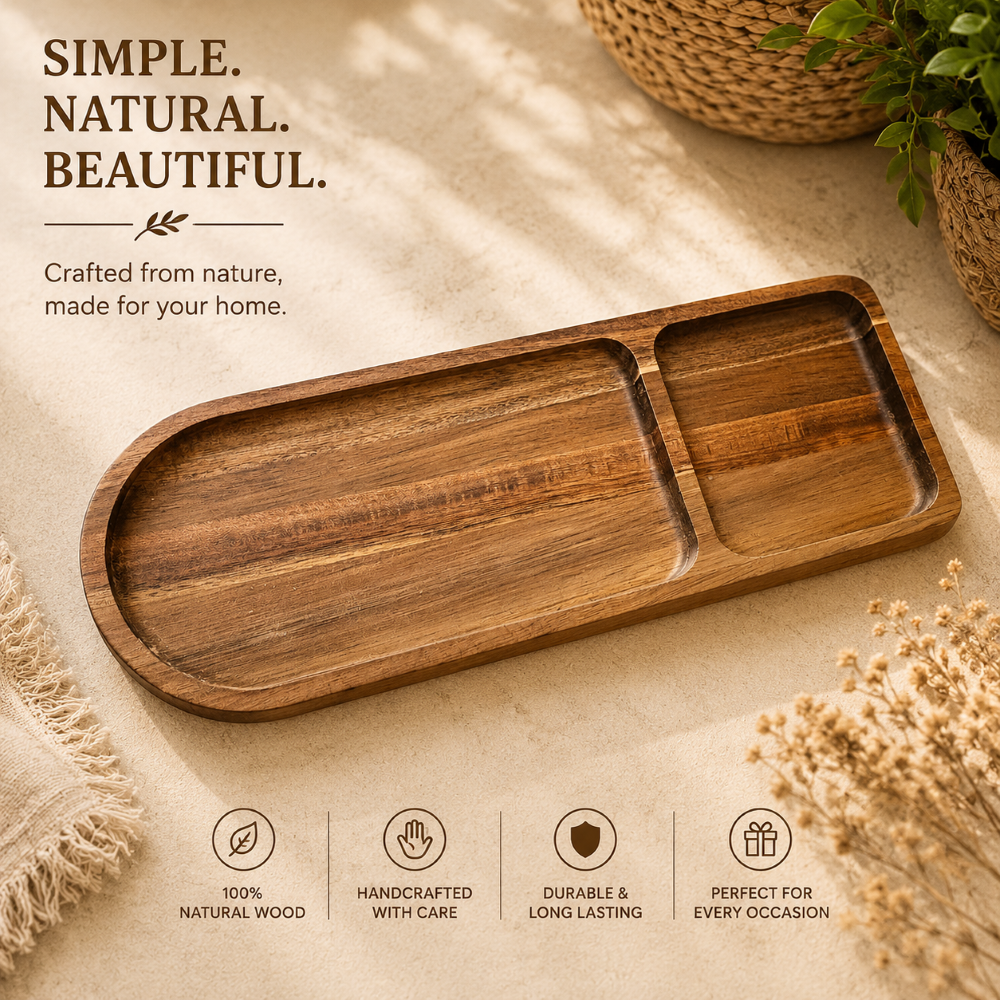 High Quality Acacia Wooded Oval Divided Snack Fruit Serving Tray