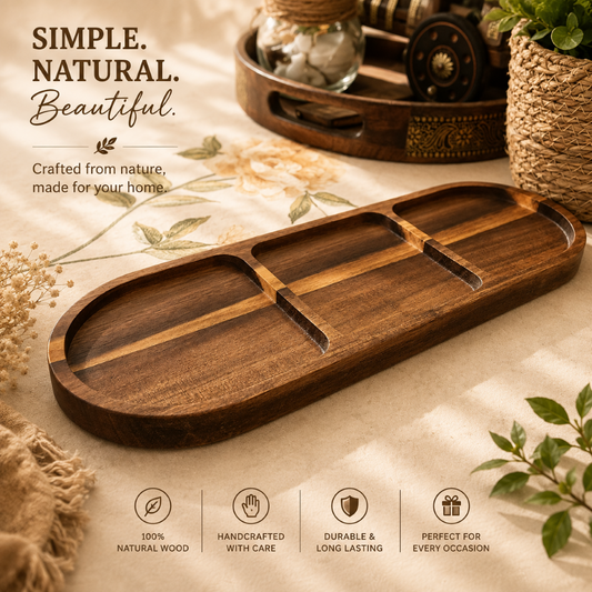 High Quality Acacia Wooded Oval Divided Snack Fruit Serving Tray