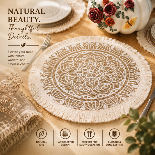 Nordic Elegant Linen Macrame Placemats – Circular with Tassels-Set of Two
