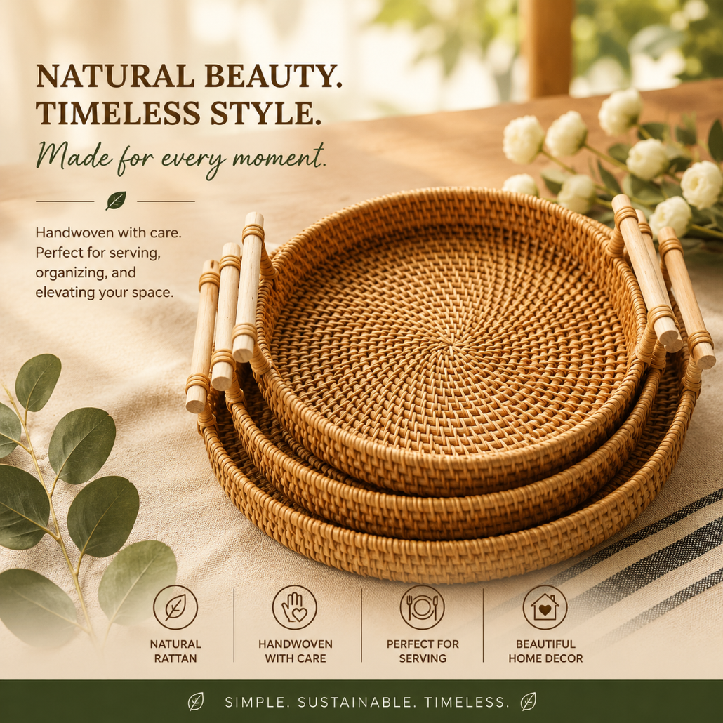 Handwoven Rattan Set of 3 Trays – Natural Brown