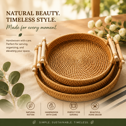 Handwoven Rattan Set of 3 Trays – Natural Brown