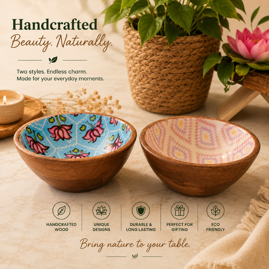 Meraki Pink Lotus & Purple Diamond Mango Wood Bowls