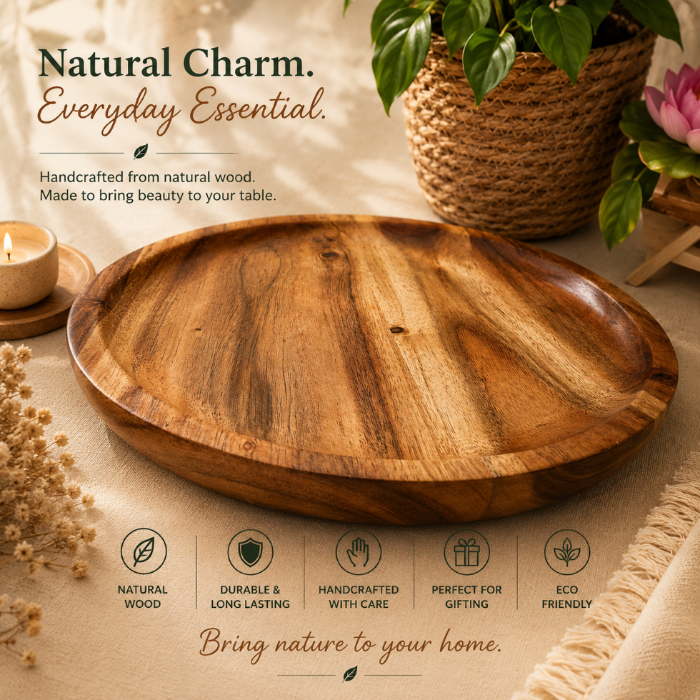 FEAWS “Prithvi” Series Large Natural Grain Acacia Wood Plates/Trays