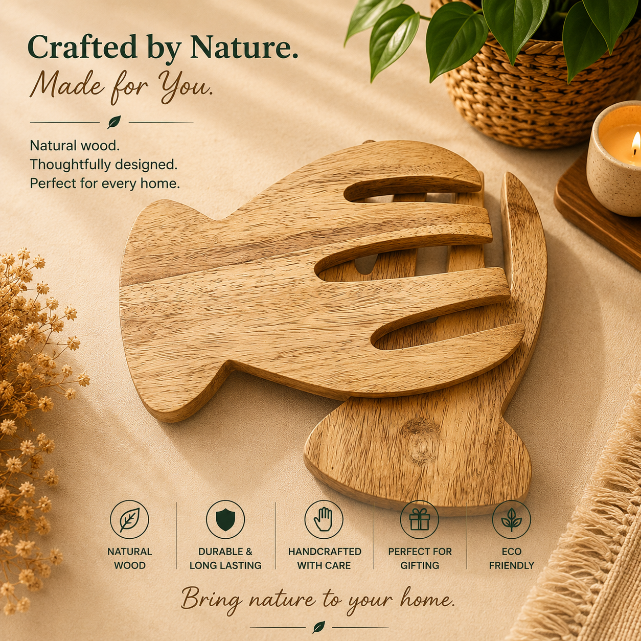 Meraki Wooden Salad Serving Utensils (Pair) - Hand Shape Salad Server Spoon