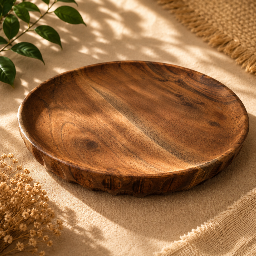 FEAWS “Prithvi” Series Carved Edge Acacia Wood Tray/Plate