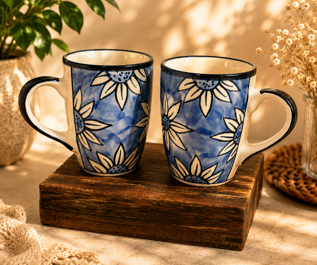 Blue Sunflower Happiness Mug Set of 2