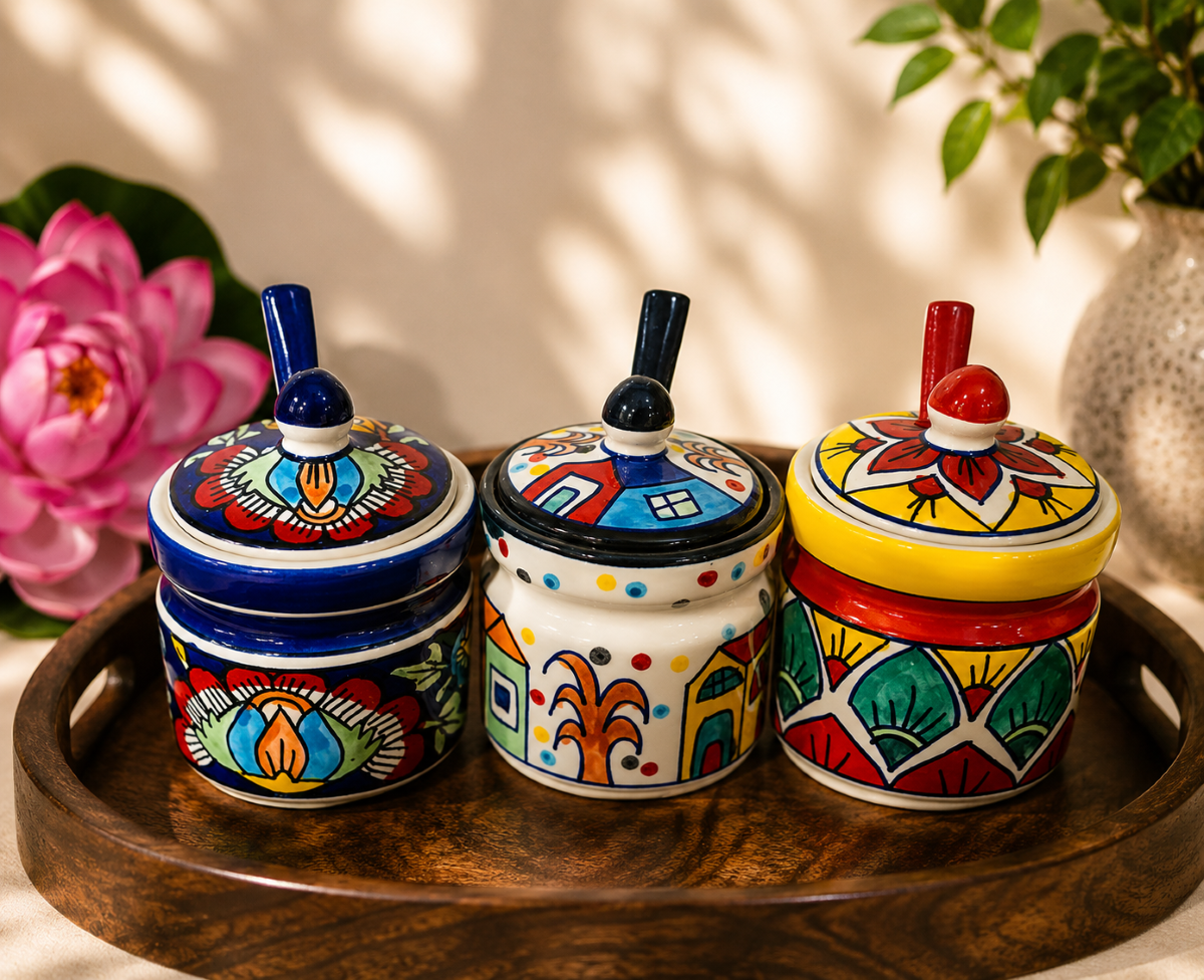 Hand-Painted Ceramic Condiment Jars With Lid & Matching Spoon