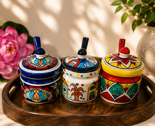 Hand-Painted Ceramic Condiment Jars With Lid & Matching Spoon