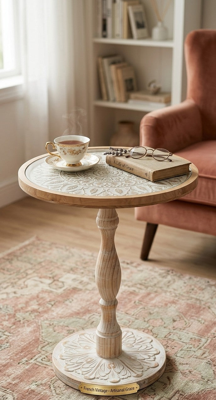 French Vintage Distressed Round Side Table – Carved Pine Wood Accent Table with Tempered Glass