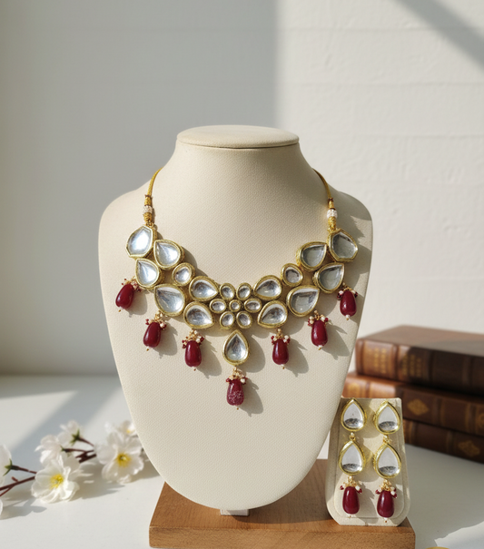 Premium Mirror Kundan Choker Set with Ruby Pearls: Handcrafted Royal Jewelry Set