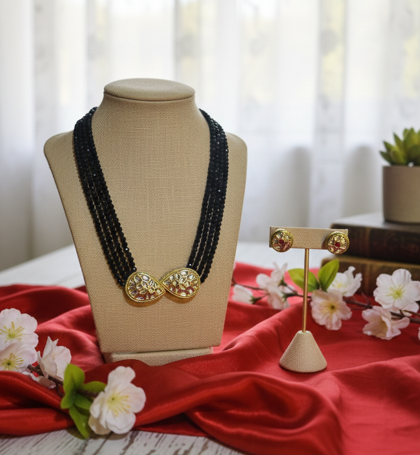 Dark Green Multilayered Small Beaded Necklace with Earrings: Elegant Jewelry Set