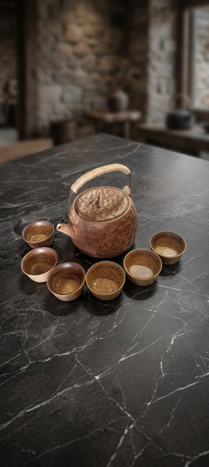Ceramic Campfire Tea Kettle Set with 6 Cups