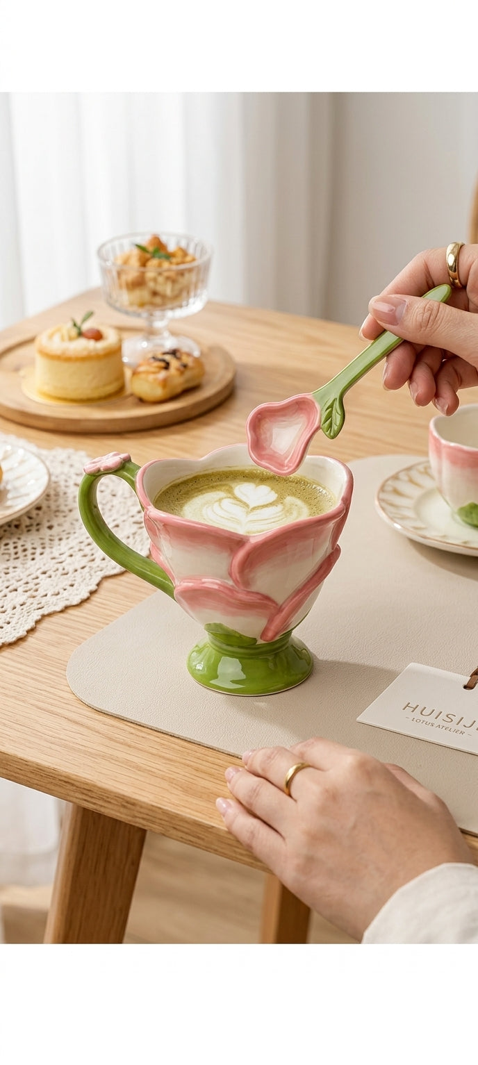 Stylish Lotus Ceramic Mug with spoon