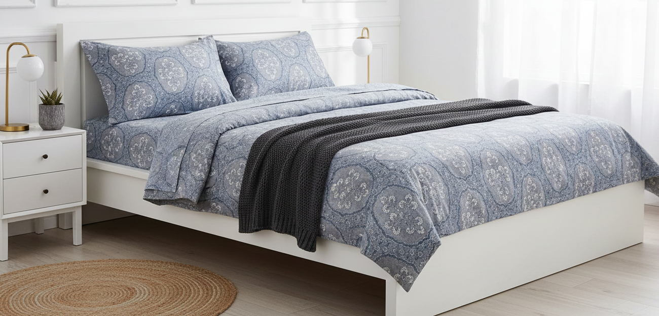 Blue Dark Desire cotton linen lane bedsheet with 2 pairs of pillow covers