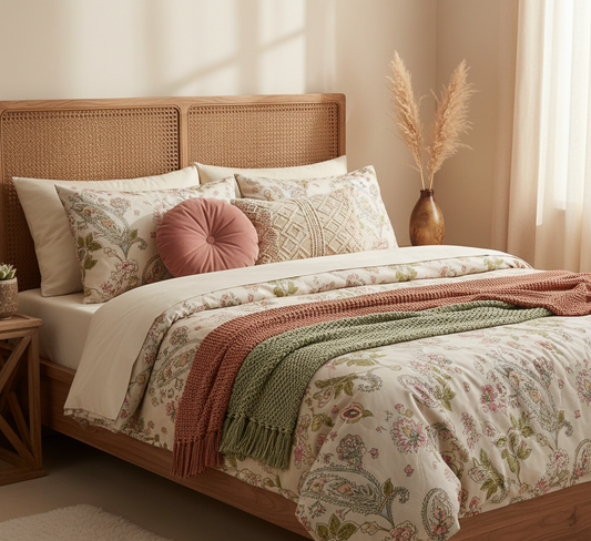 Sacred Lotus Pink Handblock Printed Quilted Comforter Set of 4 pcs– King Size